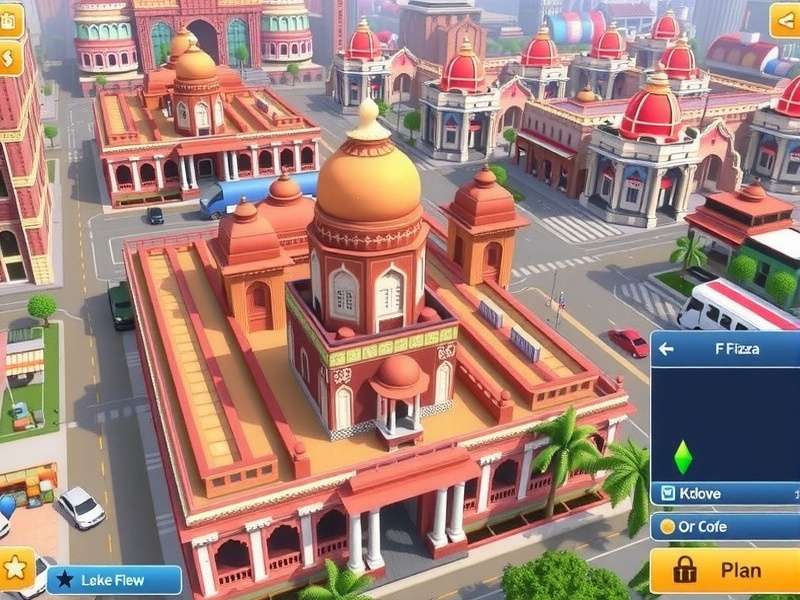 SimCity BuildIt game screenshot showing a bustling city with Indian architectural elements