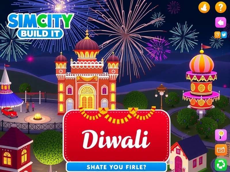 SimCity BuildIt Diwali event showing decorated city with lights and fireworks